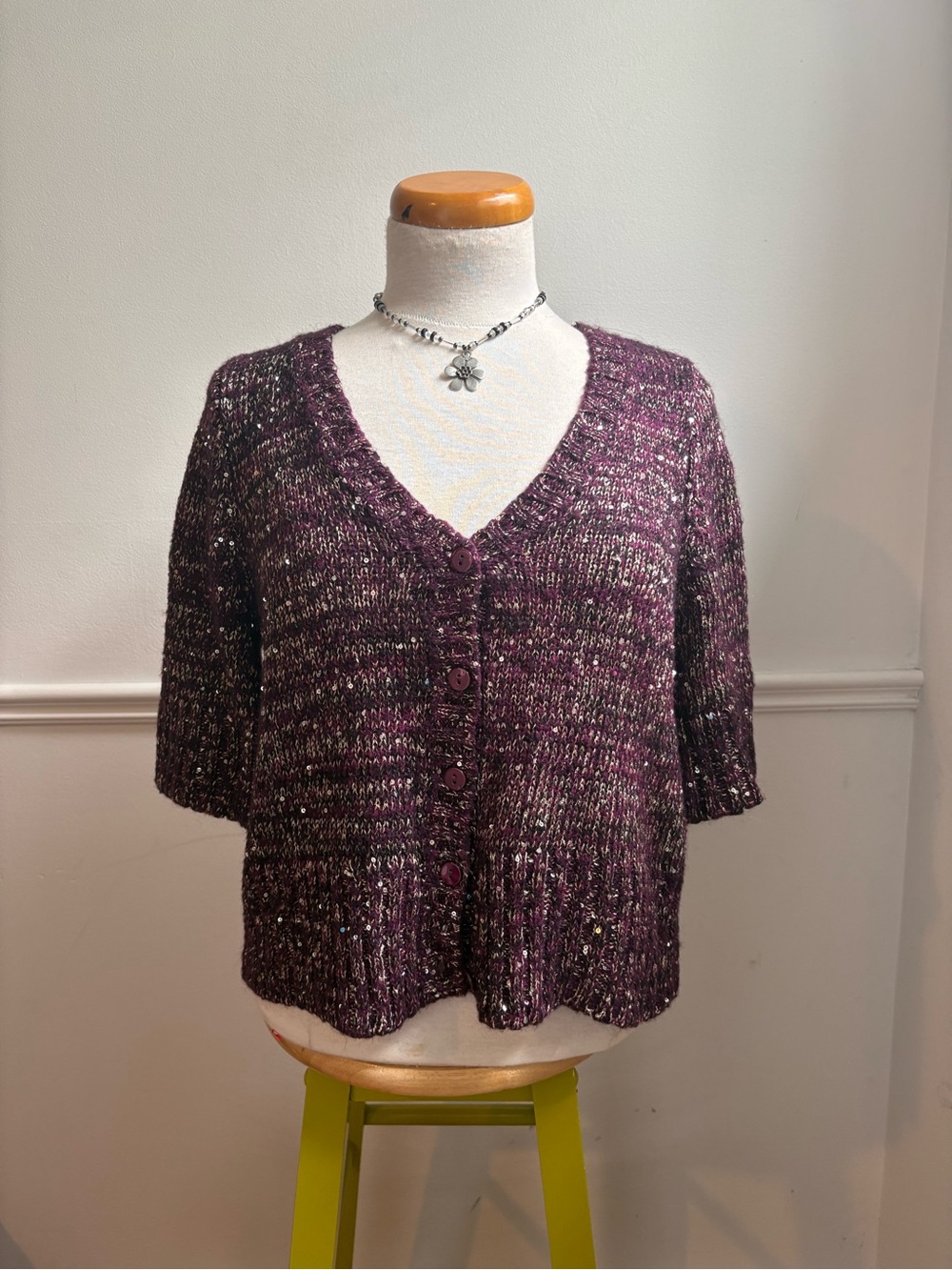 Plum Speckled Short-Sleeve Knit Cardigan
